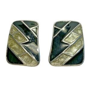 Trifari pierced earrings chunky silver tone & black enamel mod retro 1980's look